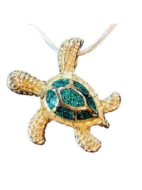 Blue Green Opal Inlay Sea Turtle Pendant 925 Sterling Silver 22" Necklace Beach